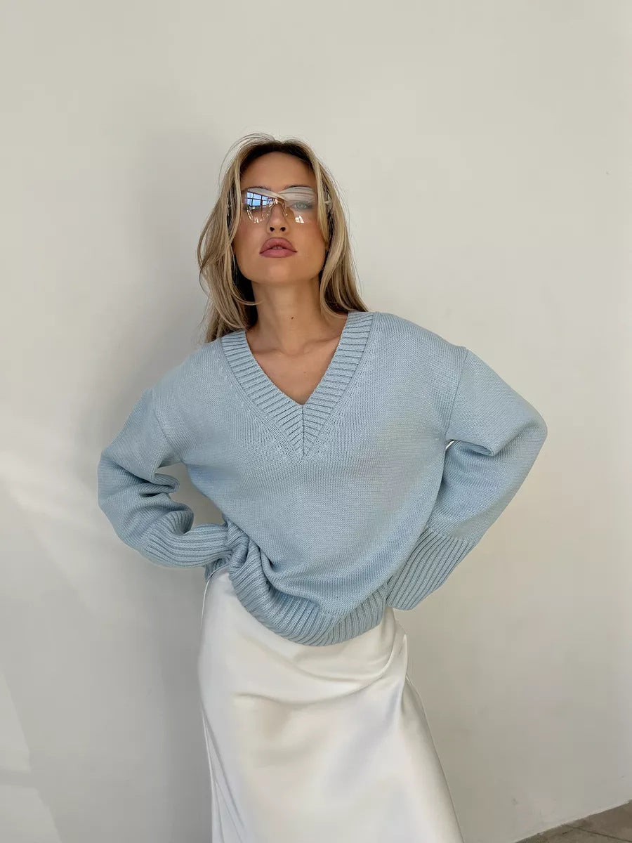 Pull V-Neck Casual Bleu