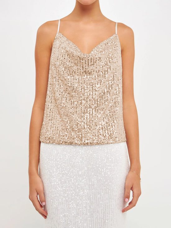 Débardeur sequin tendance 2024 doré à fines bretelles pour un look élégant et festif