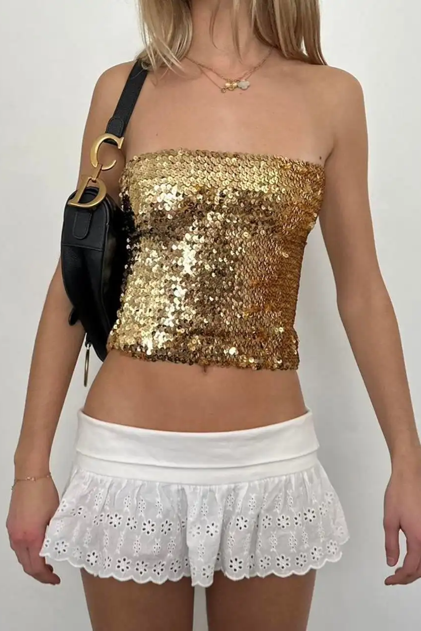 Haut style nordique chic doré à sequins avec bustier tube sans bretelles par My Store
