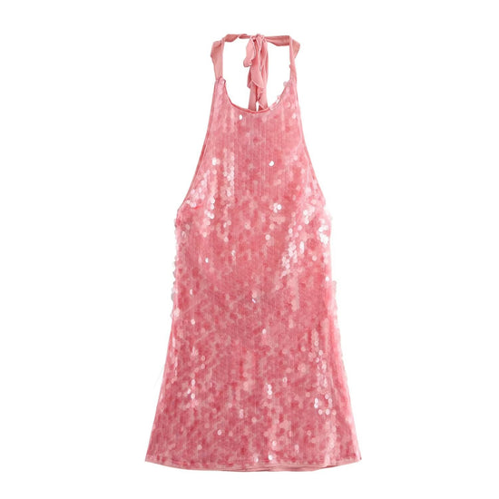 robe sequin rose tendance à dos nu avec liens à nouer pour un look élégant et brillant