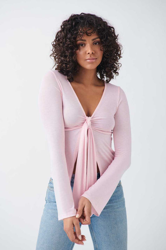 T-shirt style Stockholm pour femme rose à manches longues et détail noué devant