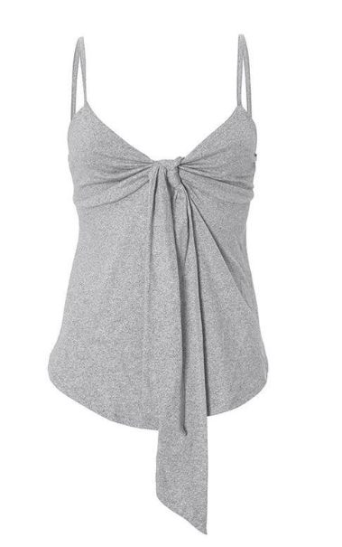 Top noir tendance femme à fines bretelles avec lien drapé sur le devant en tissu gris clair