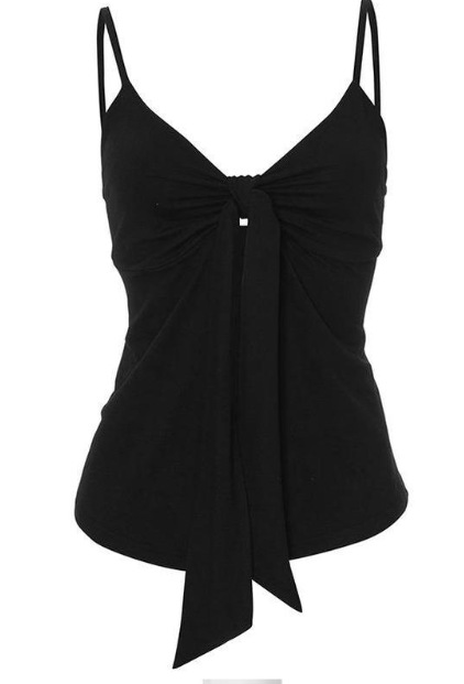 Top noir tendance femme à bretelles fines avec nœud décoratif devant pour un style élégant