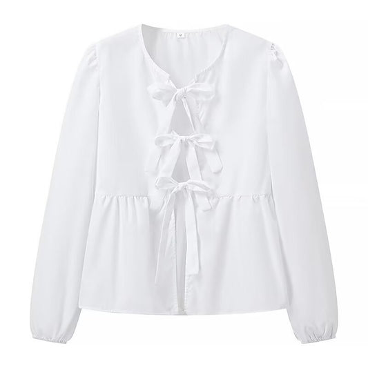 Top blanc clean girl tendance à manches longues avec nœuds décoratifs sur le devant