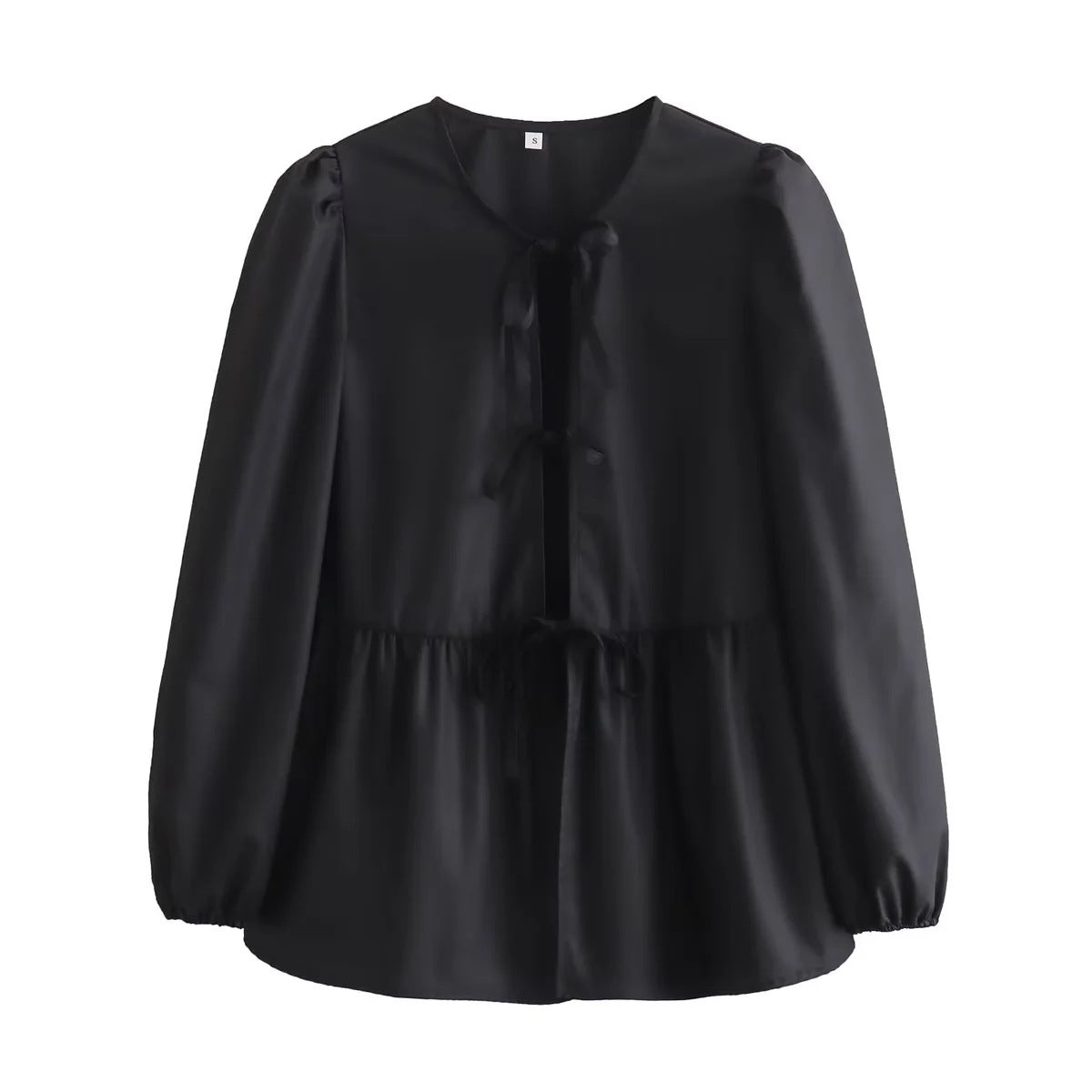 Top blanc clean girl tendance en tissu noir à manches longues et col noué My Store