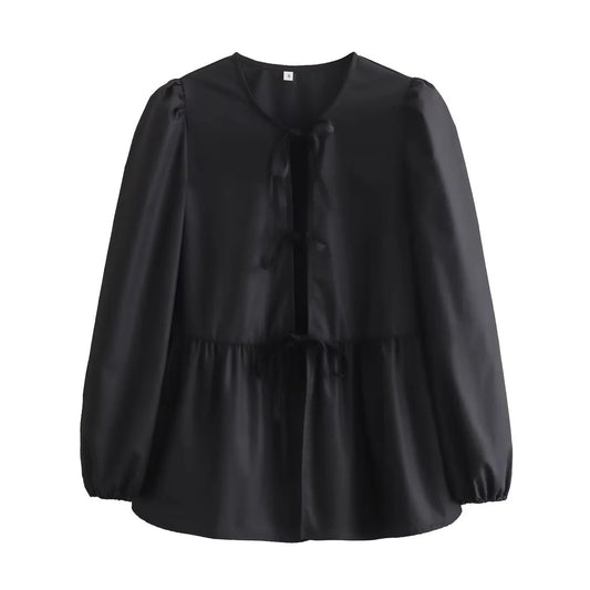 Top blanc clean girl tendance en tissu noir à manches longues et col noué My Store