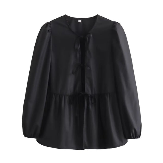 Top blanc clean girl tendance en tissu noir à manches longues et col noué My Store
