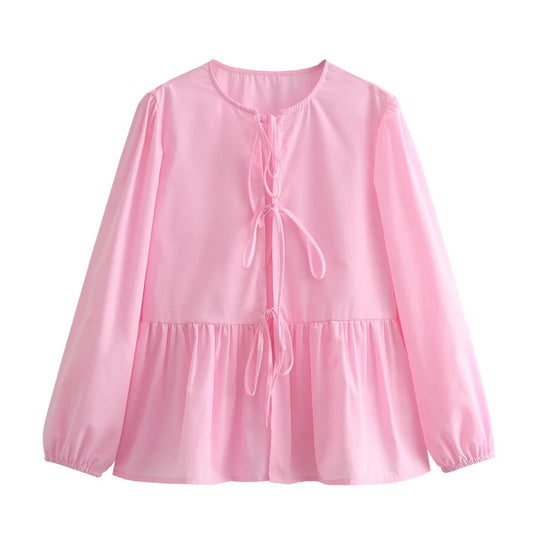 Top blanc clean girl tendance rose pastel à manches longues avec détails à nouer