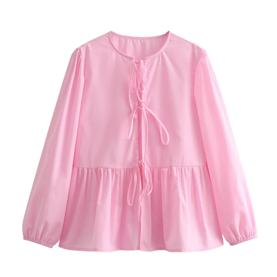 Top blanc clean girl tendance rose pastel à manches longues avec détails à nouer
