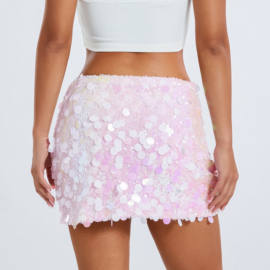 Jupe vanillagirl sequin blanche courte à paillettes portée vue arrière