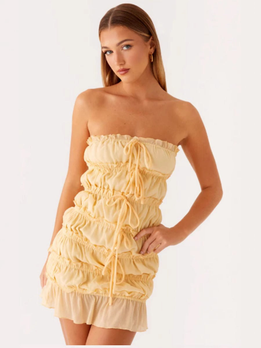 Robe courte soirée vanillagirl jaune à volants sans bretelles pour femmes élégantes