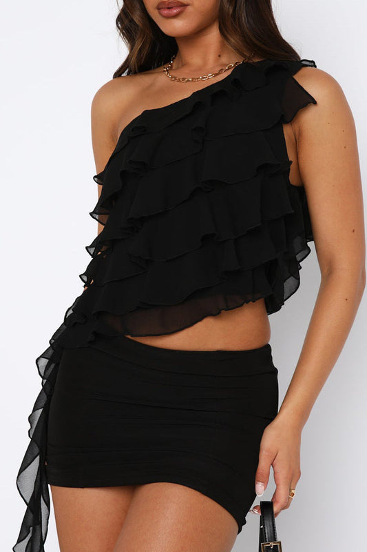 Top noir asymétrique à volants pour soirée élégant et tendance My Store